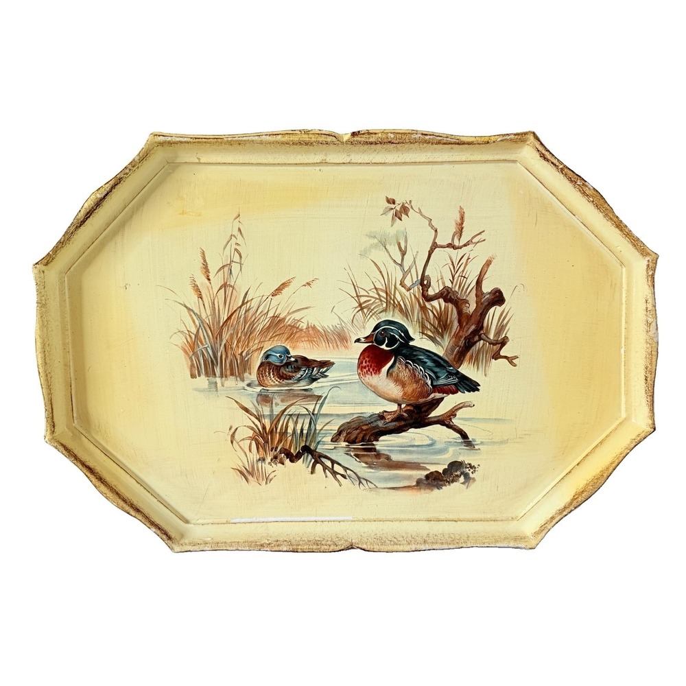 Vintage Italy Wood Duck Serving Tray Hand Painted Cream Decorative Made Italy